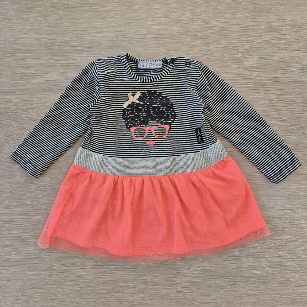 Infant 9 Months Striped Black & White Long Sleeve Dress with Coral Tulle Skirt